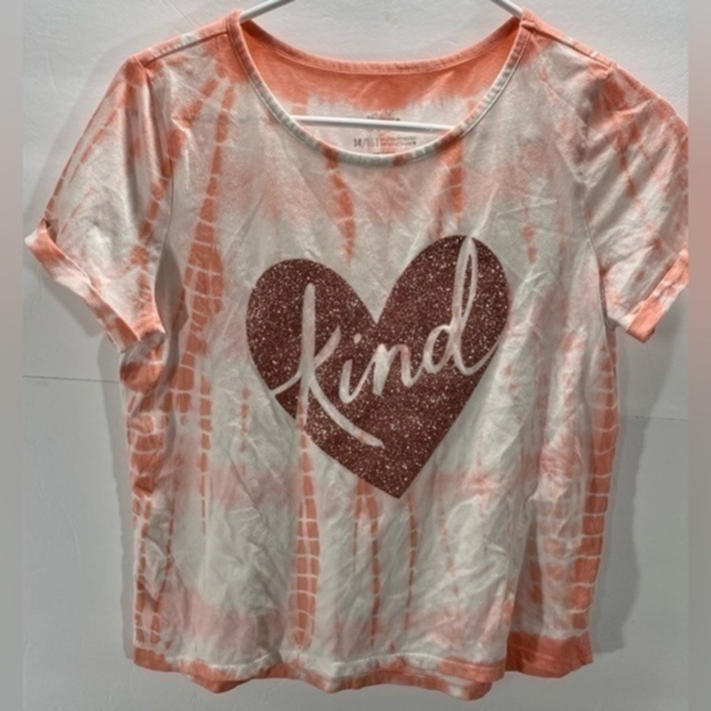 JUSTICE PINK GLITTER AND CREAM TIE DYE TOP SIZE 14/16
